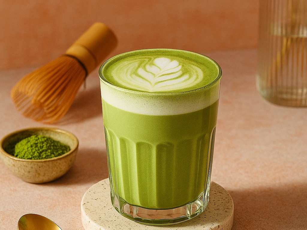Der Matcha Trend hält sich Grünes Getränk mit Blattdesign in einem Glas.