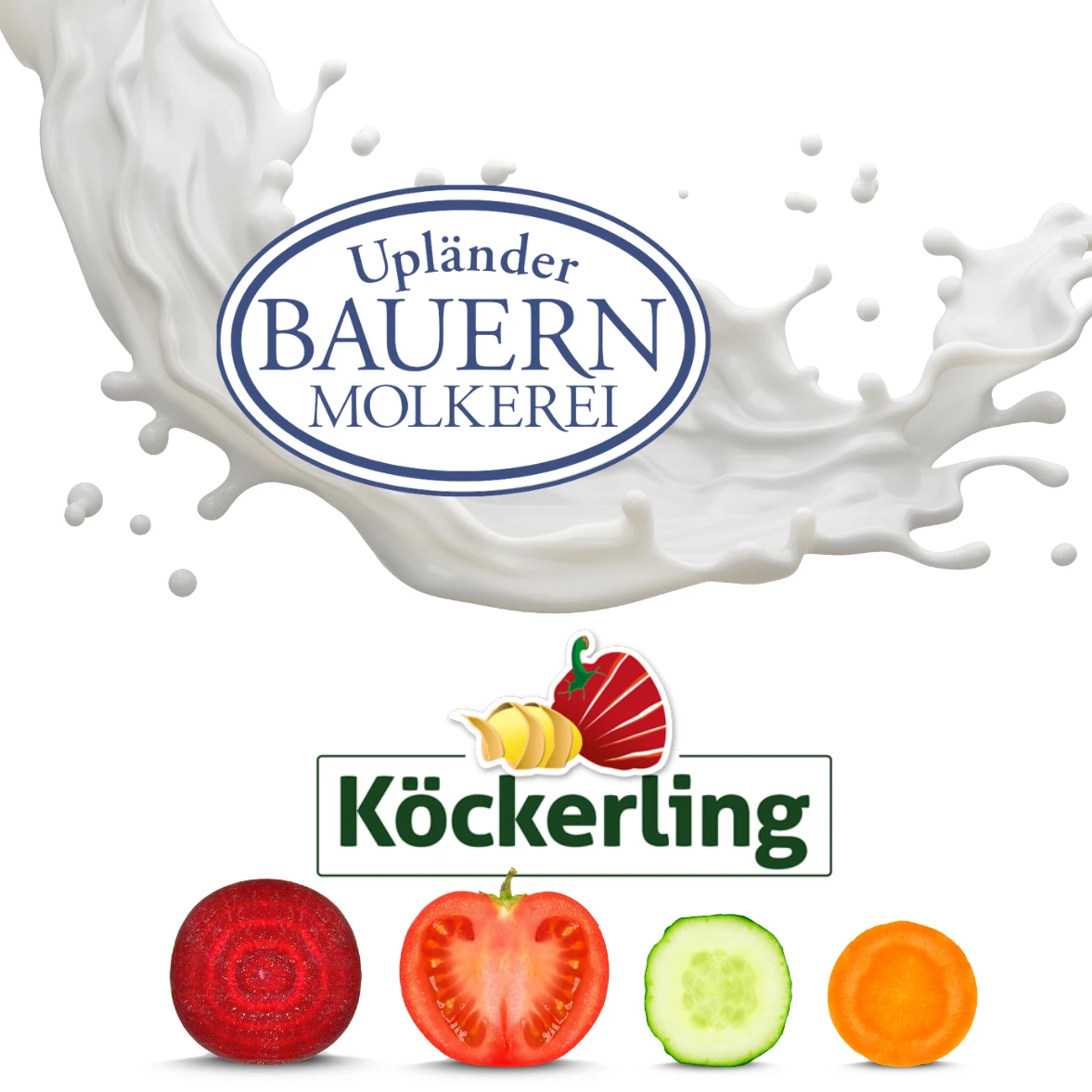 Milchspritzer mit Logo und Gemüse