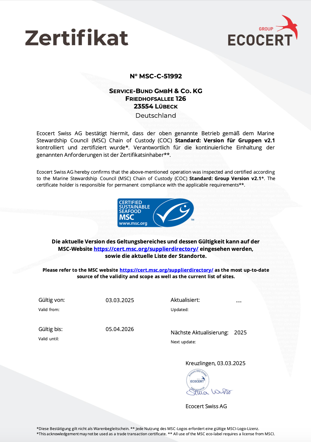 MSC Zertifikat
