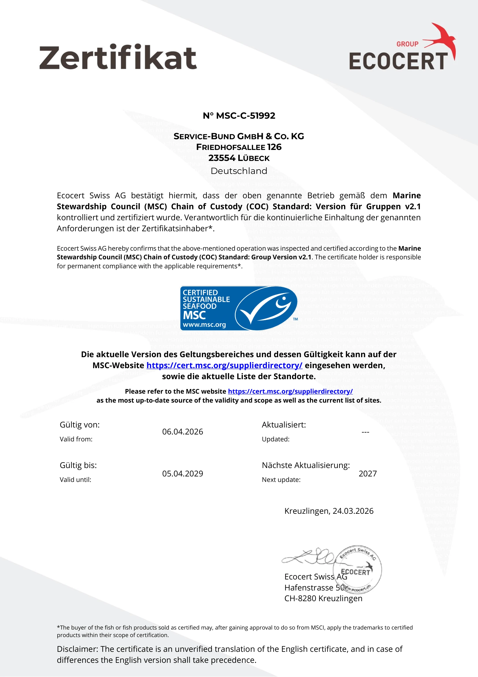 MSC Zertifikat