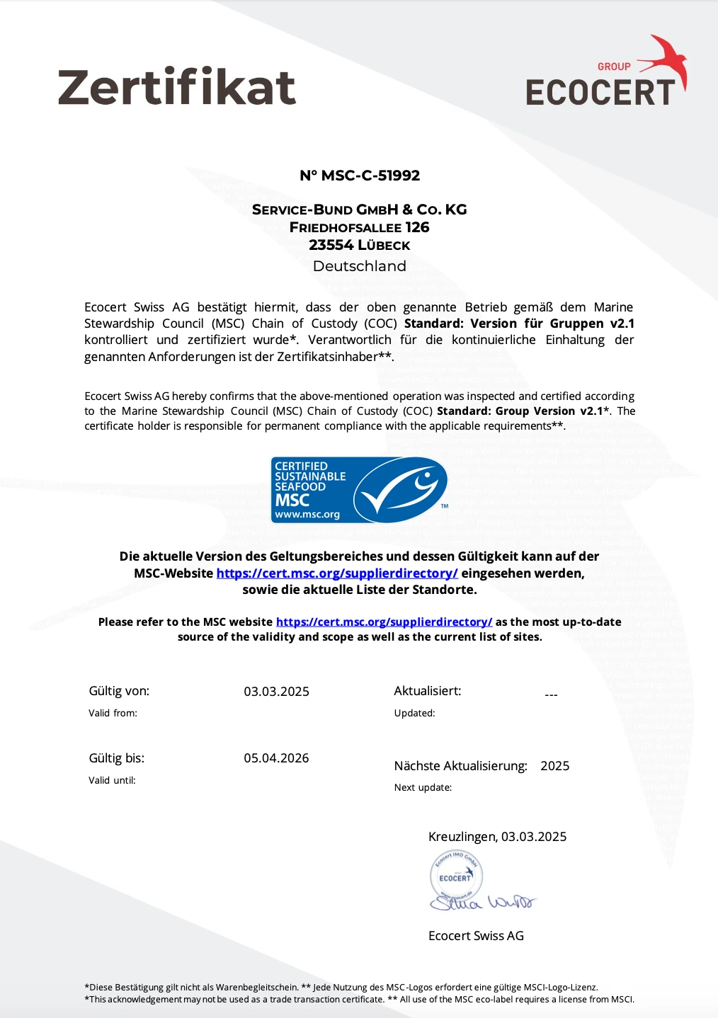 MSC Zertifikat