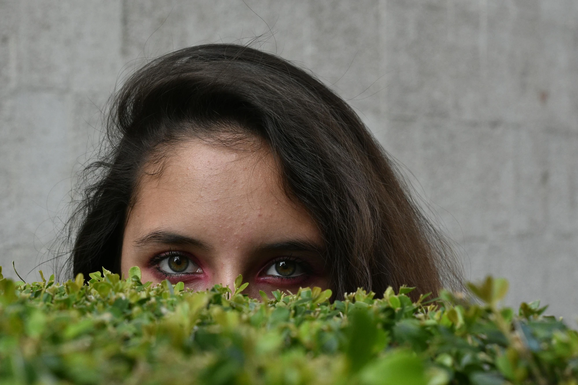 Überraschung - Kassel Eine Frau versteckt sich hinter einem Busch.